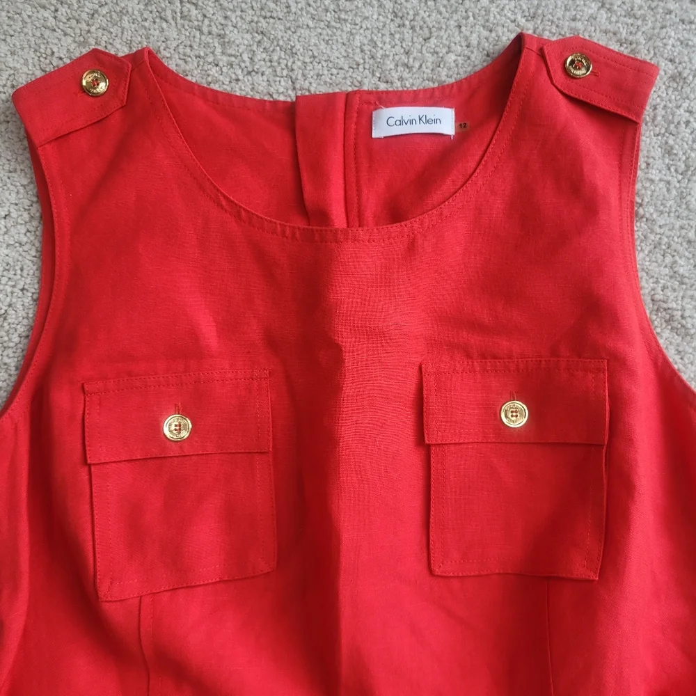 Chic Calvin Klein Red Linen Sleeveless Belted Dress Size 12 W/Pockets Like New - Picture 5 of 13